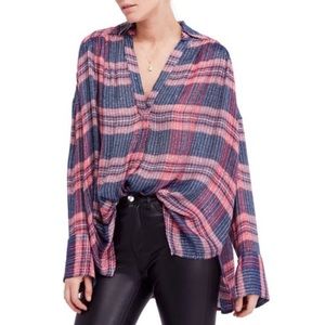 Free People Fearless Love Plaid Sequin Detail Bell Sleeve Shirt Size XS